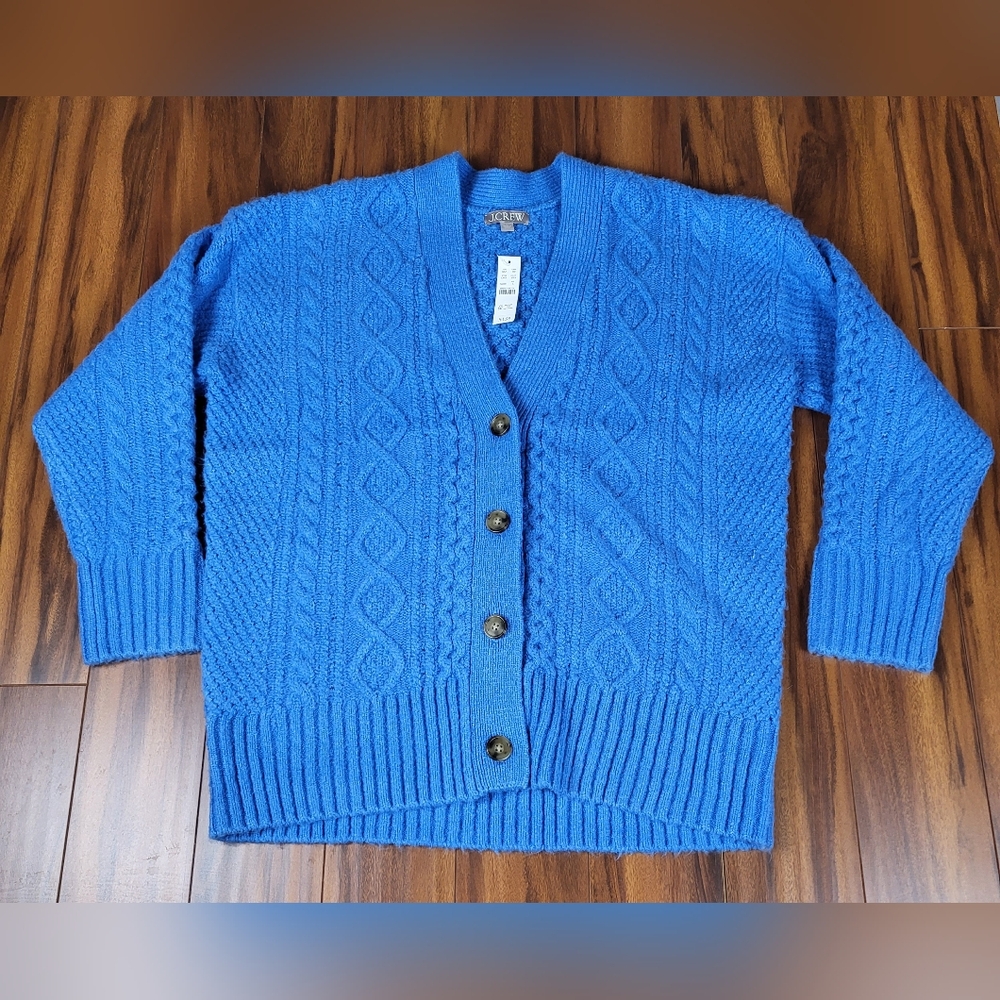 J.Crew Cable-Knit Merino Wool Blue Stretch Cardigan  Oversized Sweater Womens L